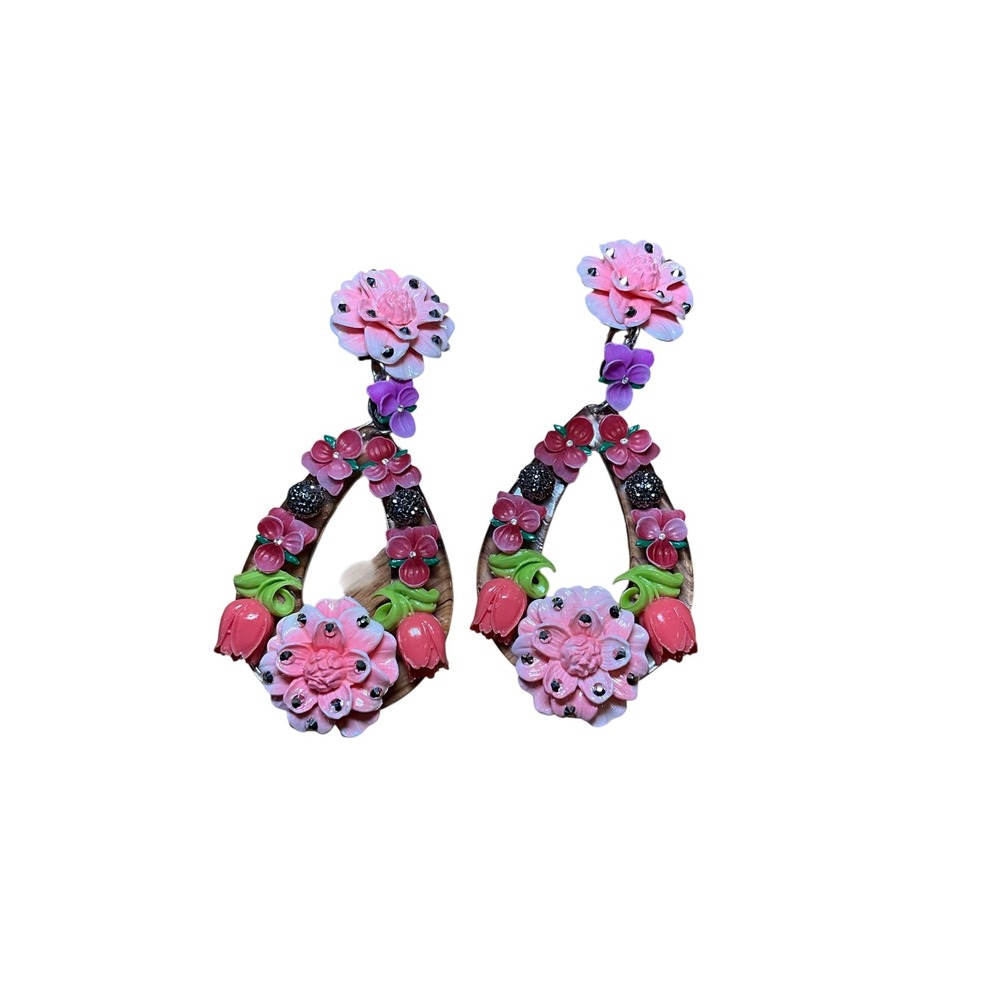Tarina Tarantino Pink Floral Lucite Teardrop Clip On Statement Earrings‎ Crystal